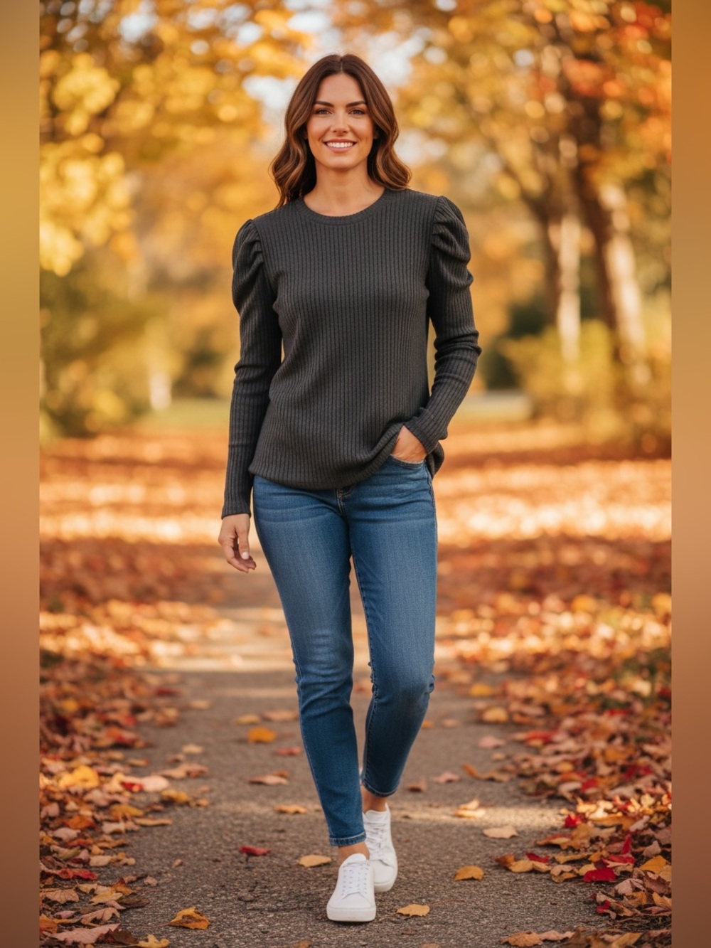 Ribbed Puff-Sleeve Long-Sleeve Top in Charcoal